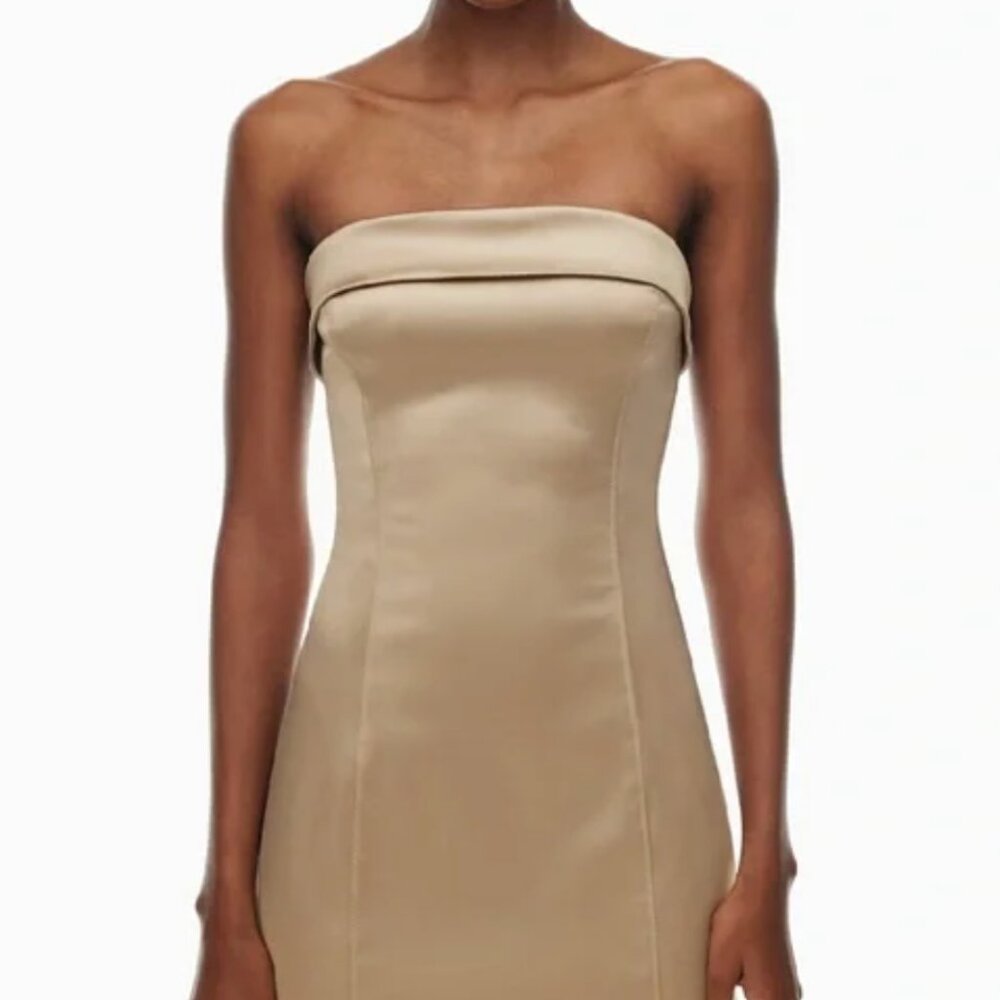 NWT Aritzia Shimmer Tube Satin Dress Mini Gold/Beige Size 2